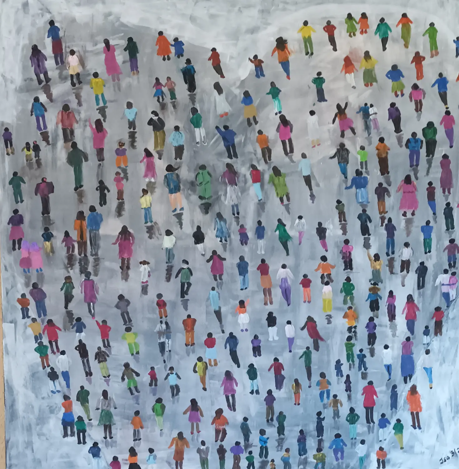 Kunst und Klamotten – Kunstwerk, das eine Gruppe von Menschen darstellt, die zusammenstehen und eine Herzform bilden